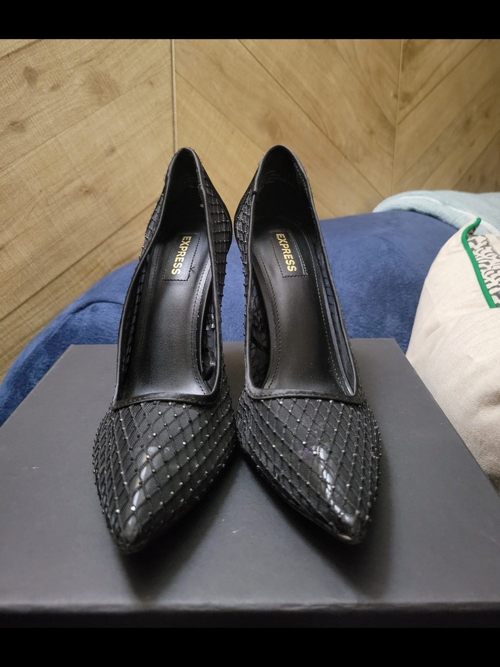 Express Black Pointed-Toe Crystal Mesh Heels